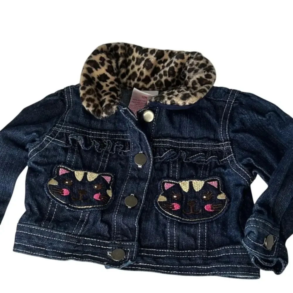 Nanette Kids sz 12 mth Dark denim jacket leopard collar embroidered cat face